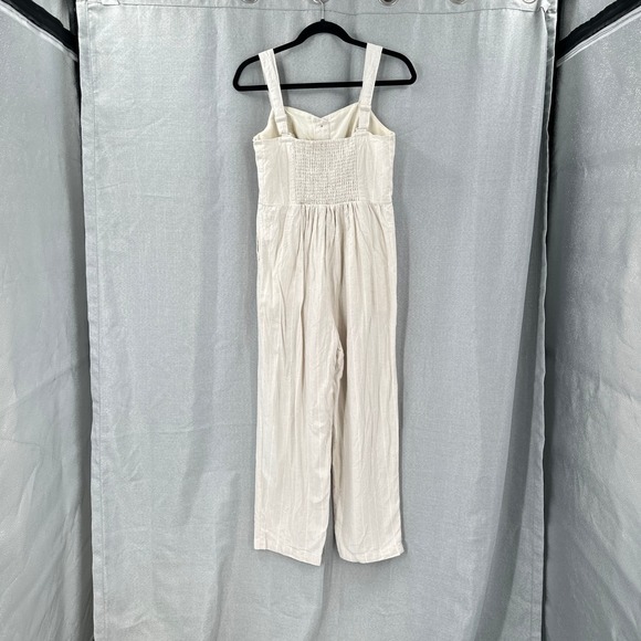 Linen‎ Blend Button Front Wide Leg Jumpsuit Small Smocked Back Strappy Cream - Picture 4 of 10